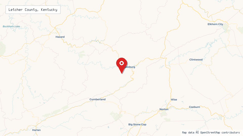 Street map of Letcher County, Kentucky with location pin