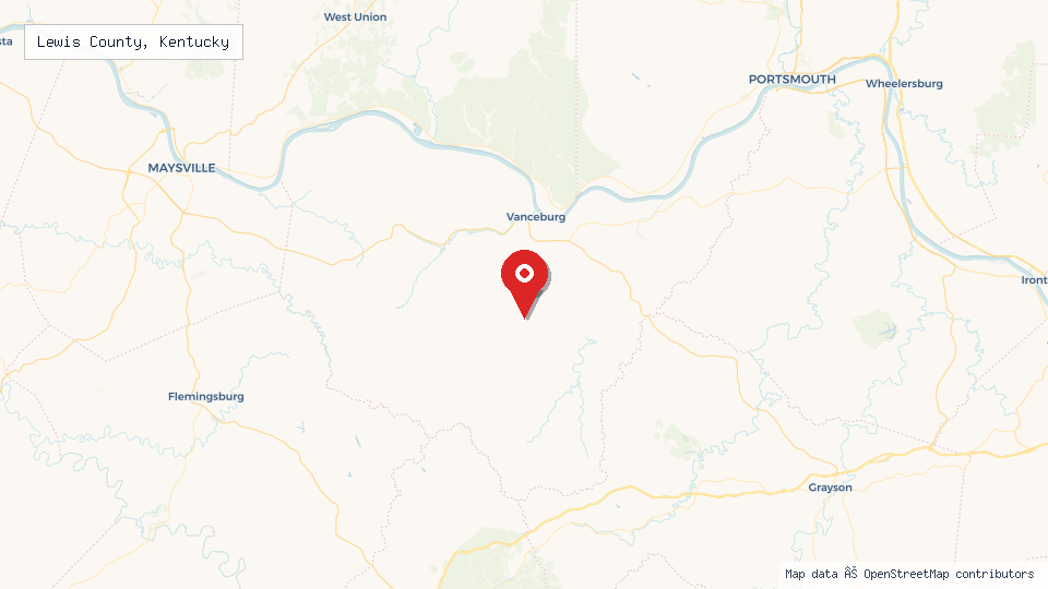 Street map of Lewis County, Kentucky with location pin