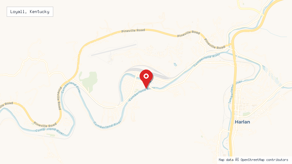 Street map of Loyall, Kentucky with location pin