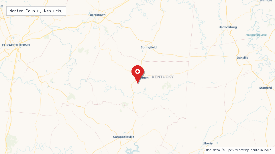 Street map of Marion County, Kentucky with location pin