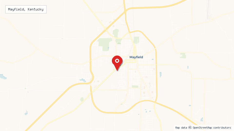 Street map of Mayfield, Kentucky with location pin