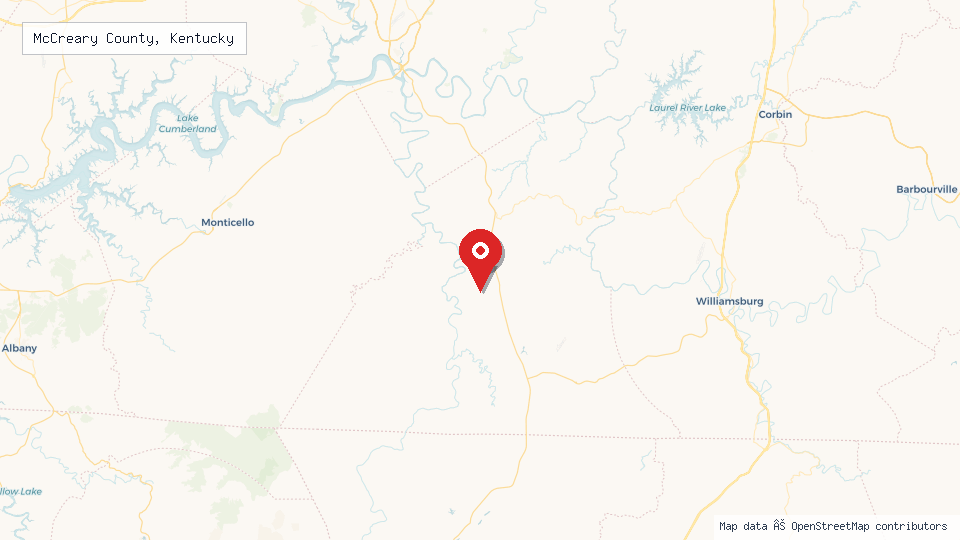 Street map of McCreary County, Kentucky with location pin