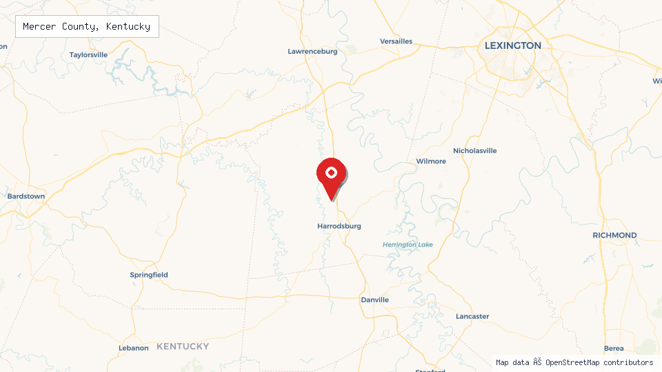 Street map of Mercer County, Kentucky with location pin