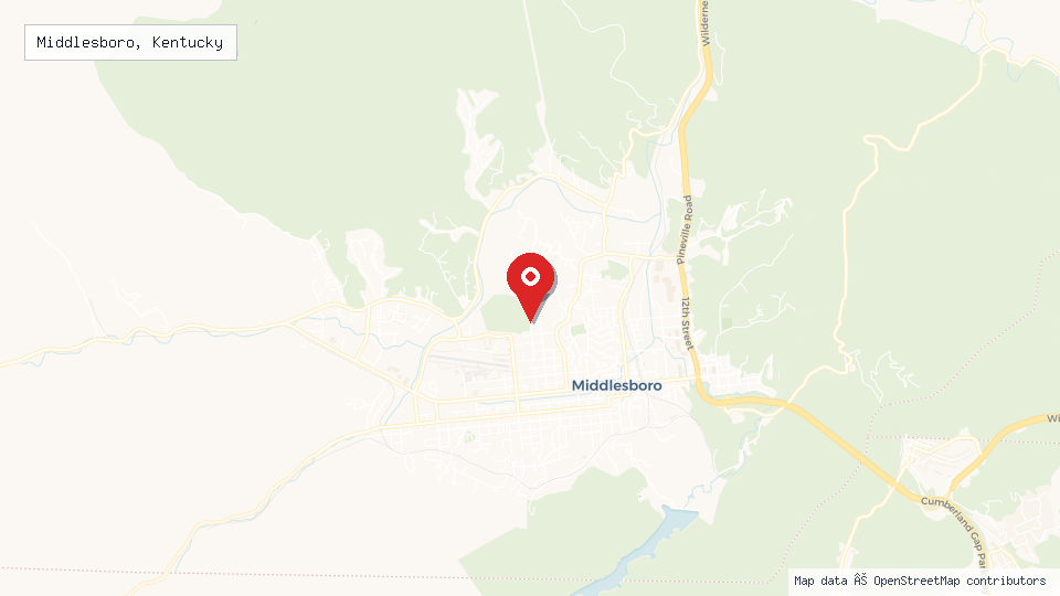 Street map of Middlesboro, Kentucky with location pin