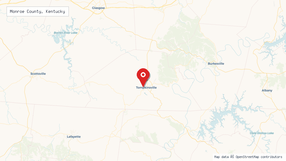 Street map of Monroe County, Kentucky with location pin