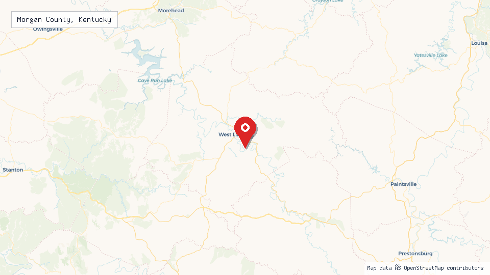 Street map of Morgan County, Kentucky with location pin