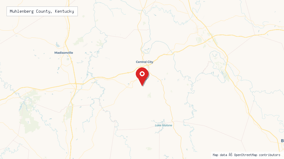 Street map of Muhlenberg County, Kentucky with location pin