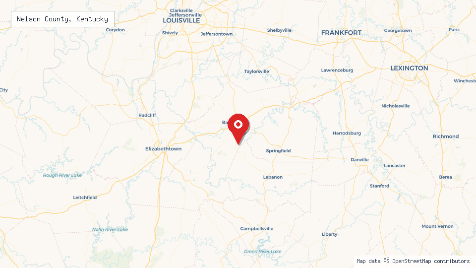 Street map of Nelson County, Kentucky with location pin