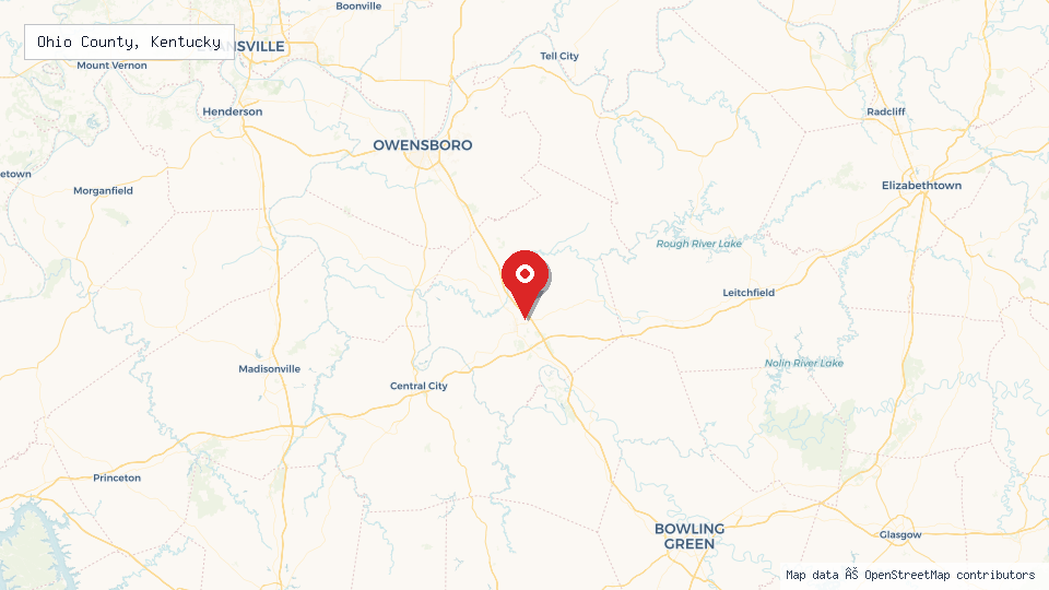 Street map of Ohio County, Kentucky with location pin
