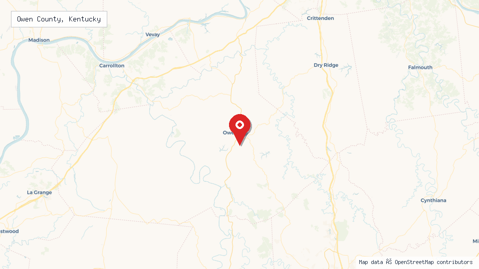 Street map of Owen County, Kentucky with location pin