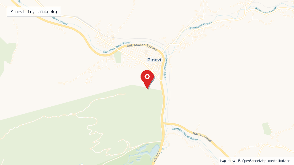 Street map of Pineville, Kentucky with location pin