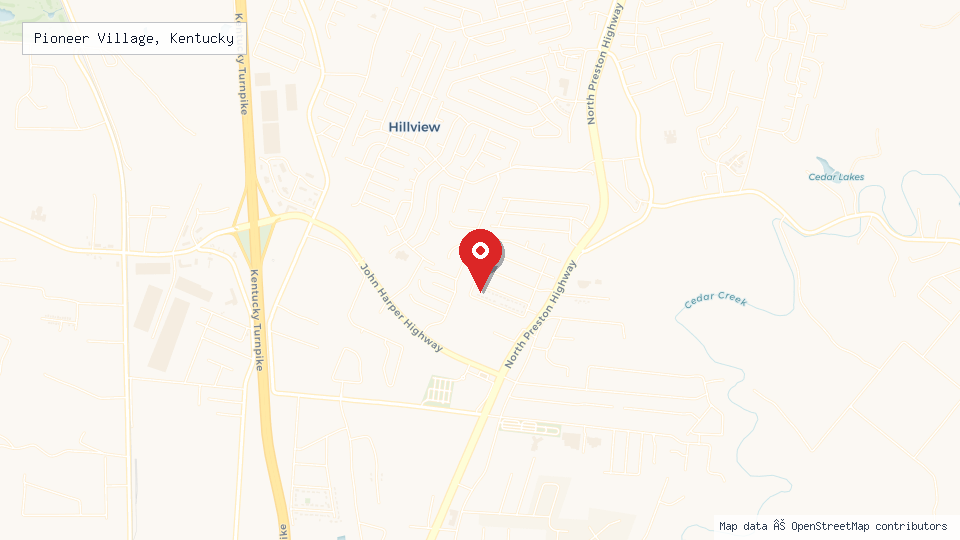Street map of Pioneer Village, Kentucky with location pin