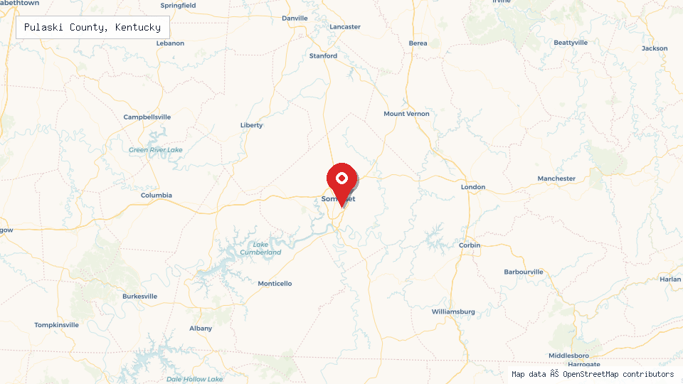 Street map of Pulaski County, Kentucky with location pin