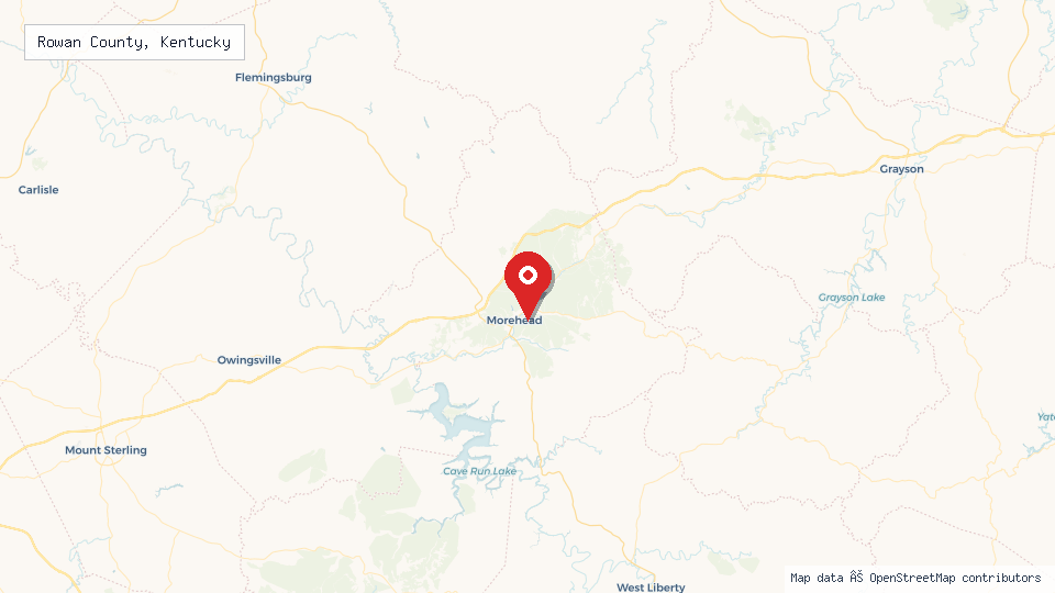 Street map of Rowan County, Kentucky with location pin