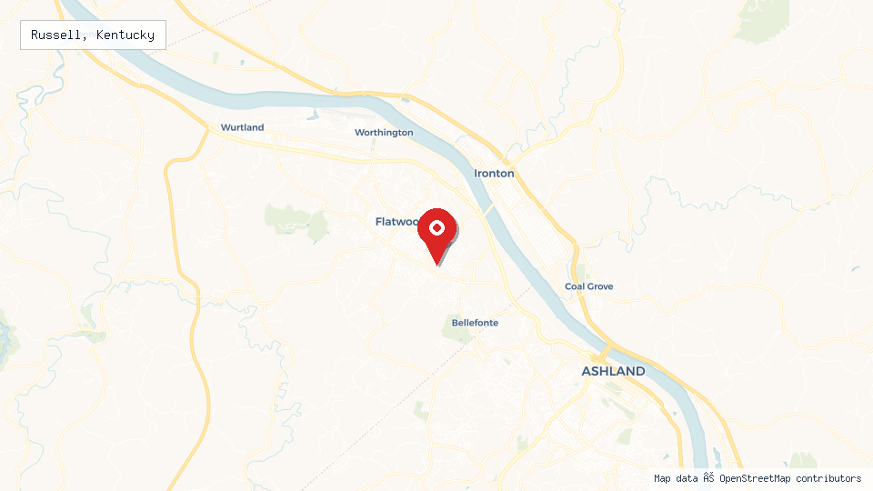 Street map of Russell, Kentucky with location pin