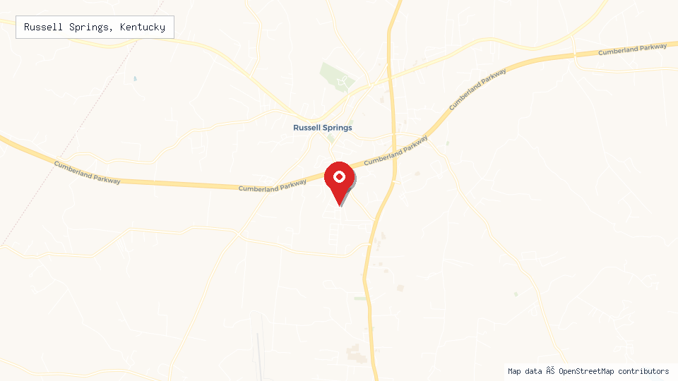 Street map of Russell Springs, Kentucky with location pin