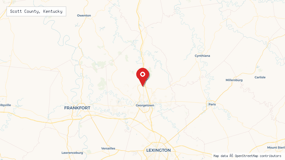 Street map of Scott County, Kentucky with location pin