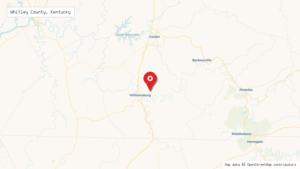 Street map of Whitley County, Kentucky with location pin