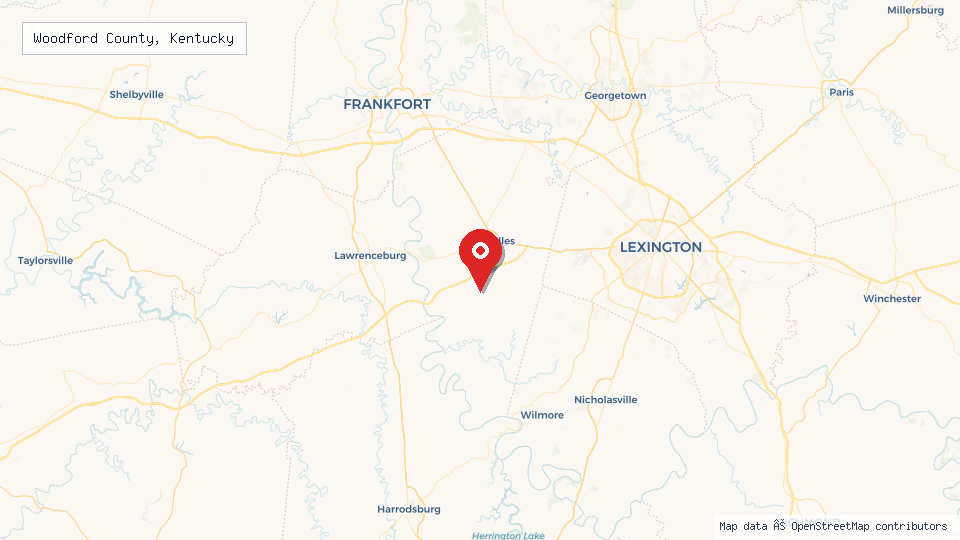 Street map of Woodford County, Kentucky with location pin