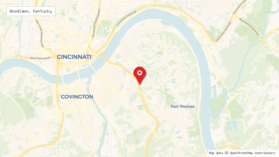 Street map of Woodlawn, Kentucky with location pin