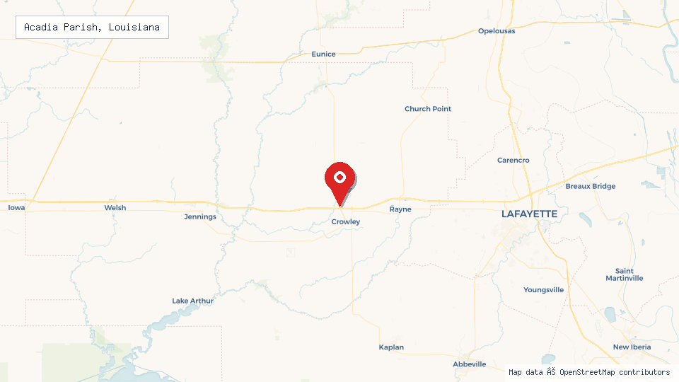 Street map of Acadia Parish, Louisiana with location pin