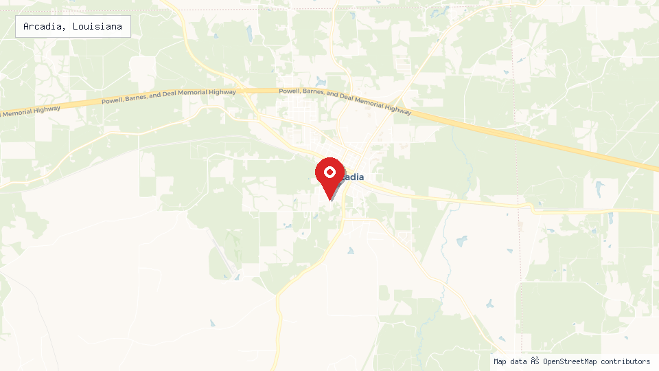 Street map of Arcadia, Louisiana with location pin