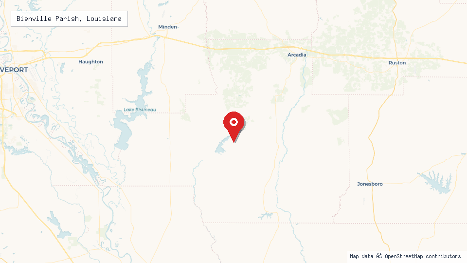 Street map of Bienville Parish, Louisiana with location pin