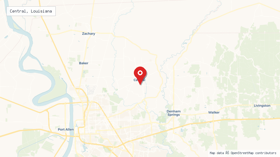 Street map of Central, Louisiana with location pin