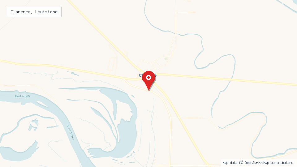 Street map of Clarence, Louisiana with location pin