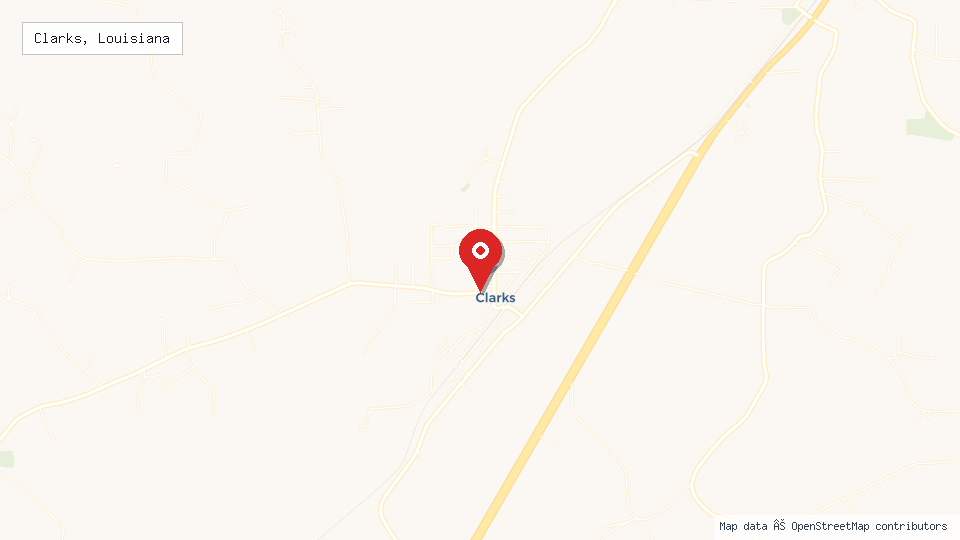 Street map of Clarks, Louisiana with location pin