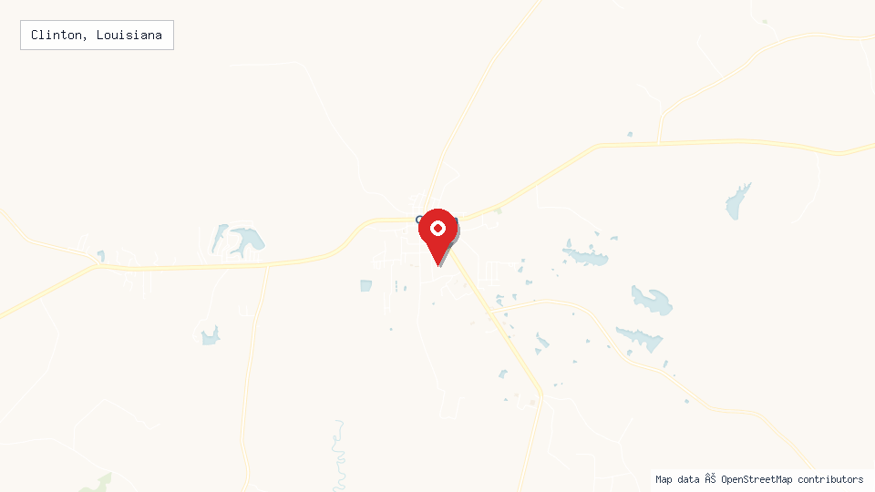 Street map of Clinton, Louisiana with location pin
