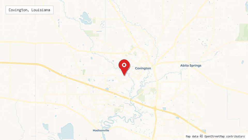 Street map of Covington, Louisiana with location pin