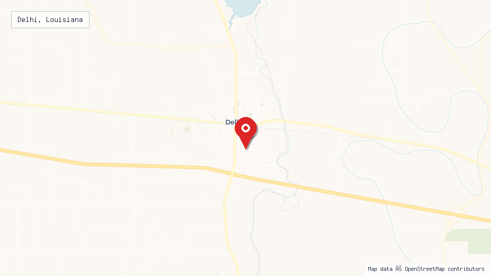 Street map of Delhi, Louisiana with location pin