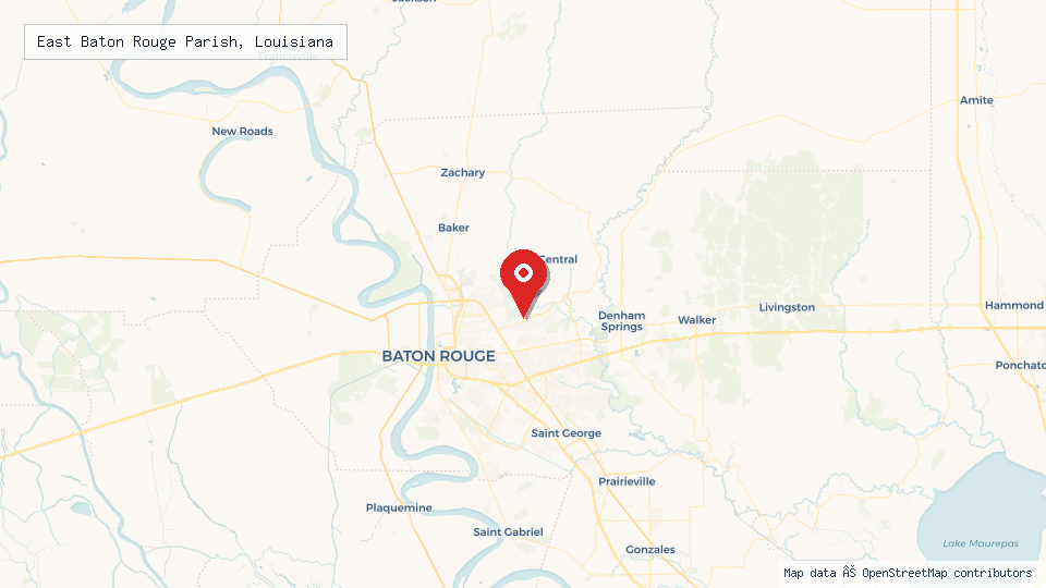 Street map of East Baton Rouge Parish, Louisiana with location pin