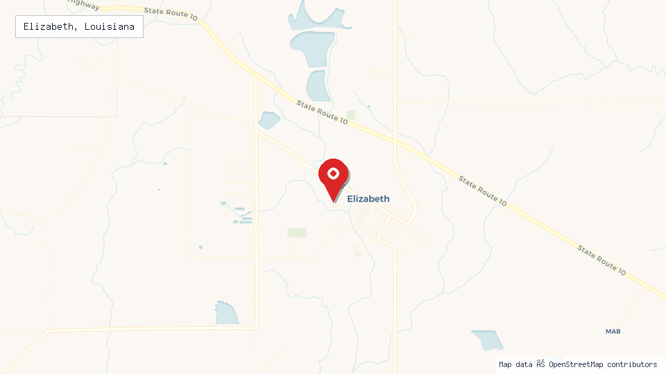 Street map of Elizabeth, Louisiana with location pin