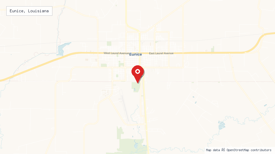 Street map of Eunice, Louisiana with location pin