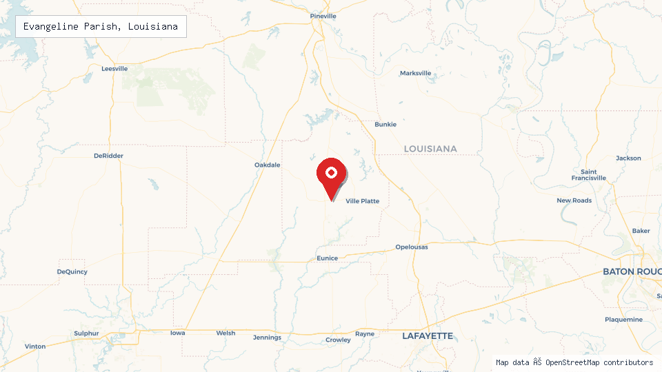 Street map of Evangeline Parish, Louisiana with location pin