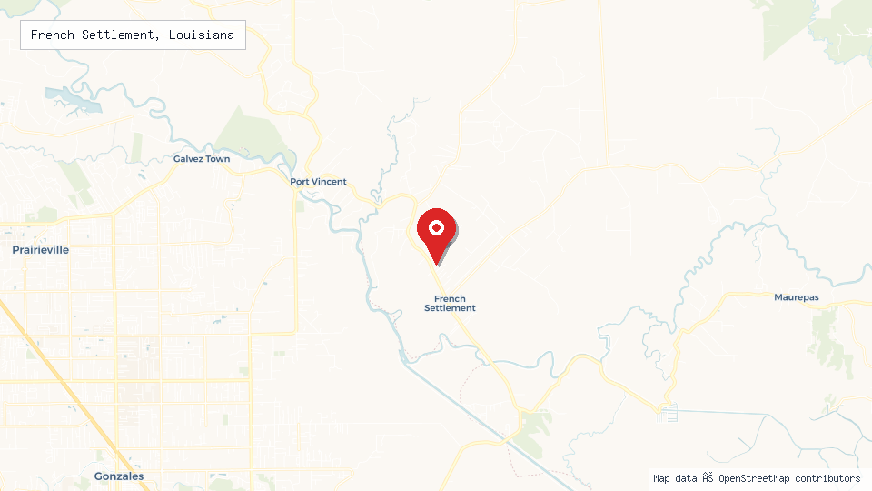 Street map of French Settlement, Louisiana with location pin