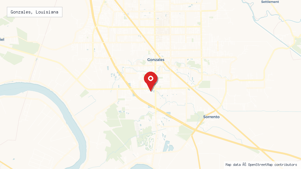 Street map of Gonzales, Louisiana with location pin