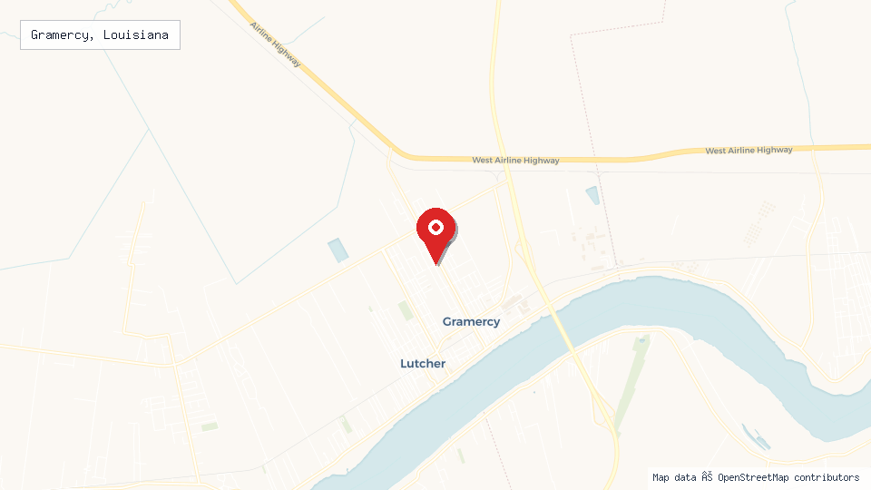 Street map of Gramercy, Louisiana with location pin