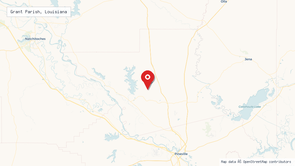 Street map of Grant Parish, Louisiana with location pin