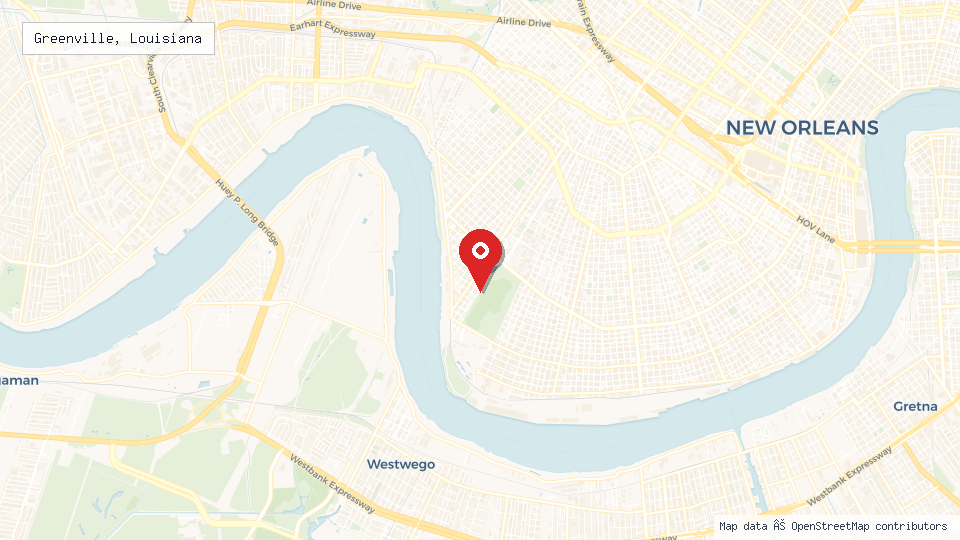 Street map of Greenville, Louisiana with location pin