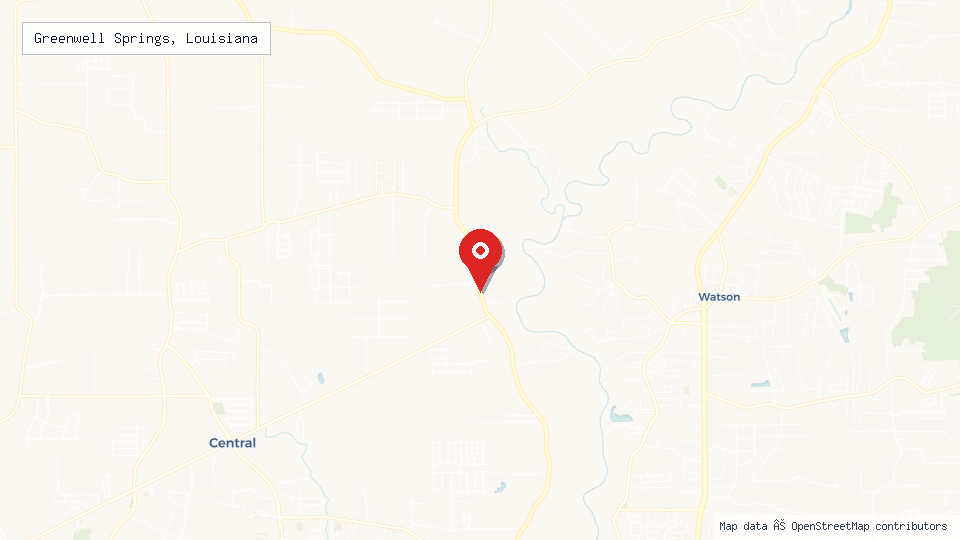 Street map of Greenwell Springs, Louisiana with location pin