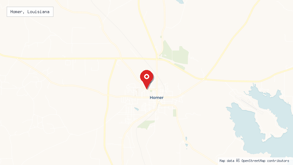 Street map of Homer, Louisiana with location pin