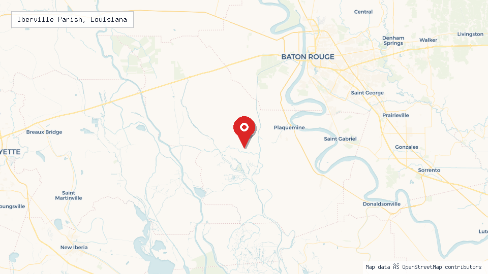 Street map of Iberville Parish, Louisiana with location pin