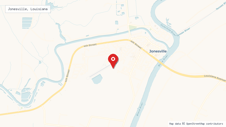 Street map of Jonesville, Louisiana with location pin
