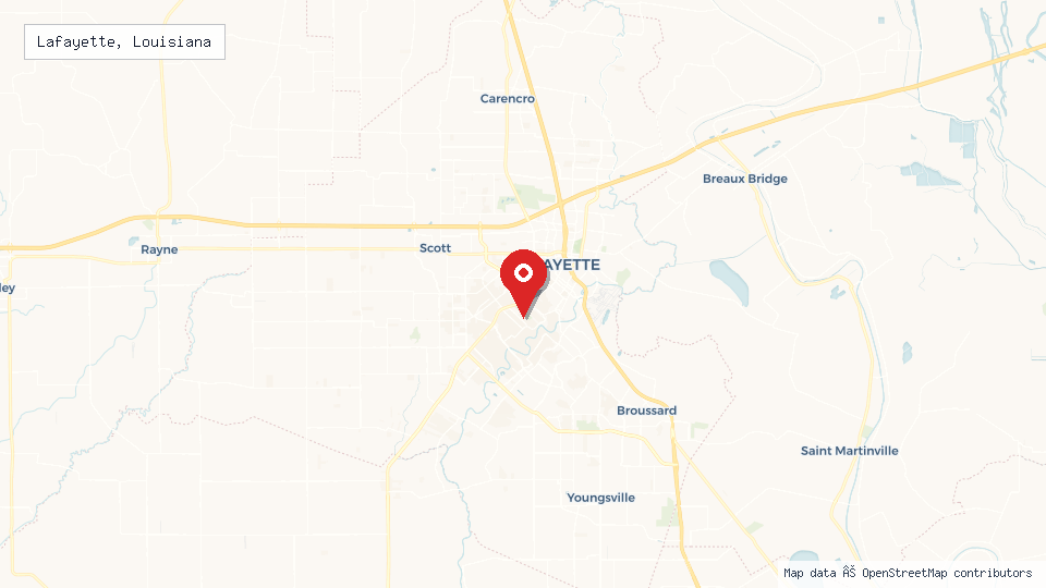 Street map of Lafayette, Louisiana with location pin
