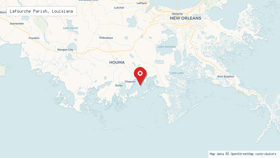 Street map of Lafourche Parish, Louisiana with location pin