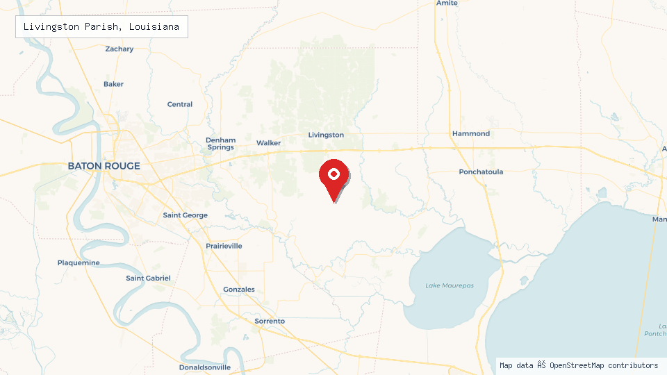Street map of Livingston Parish, Louisiana with location pin