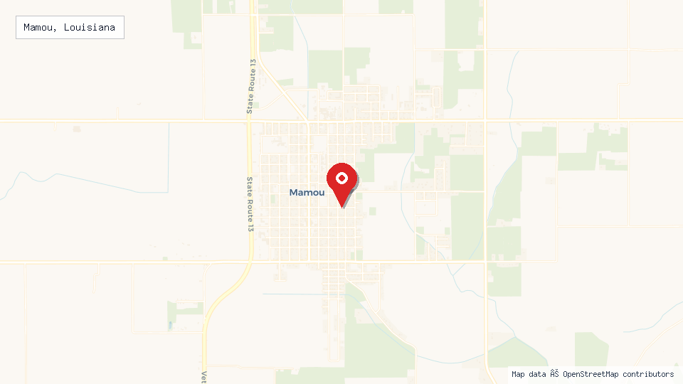 Street map of Mamou, Louisiana with location pin